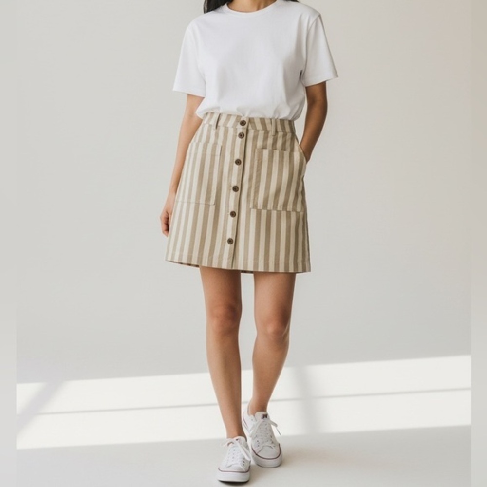 Old Navy Tan and White flirty button down A-Line Mini Skirt in size 8